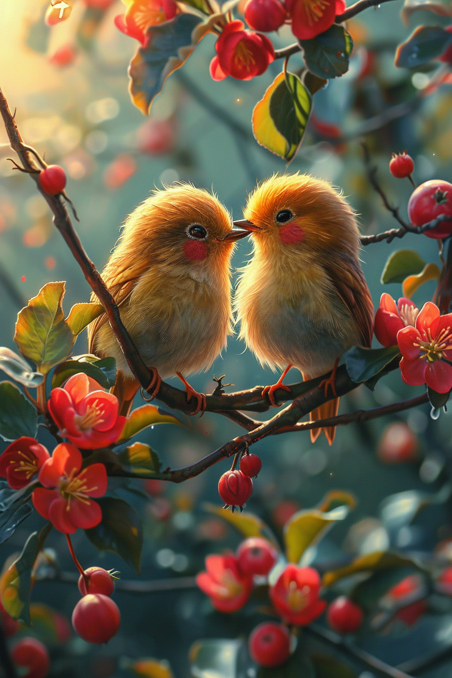 Bird couple under apple tree