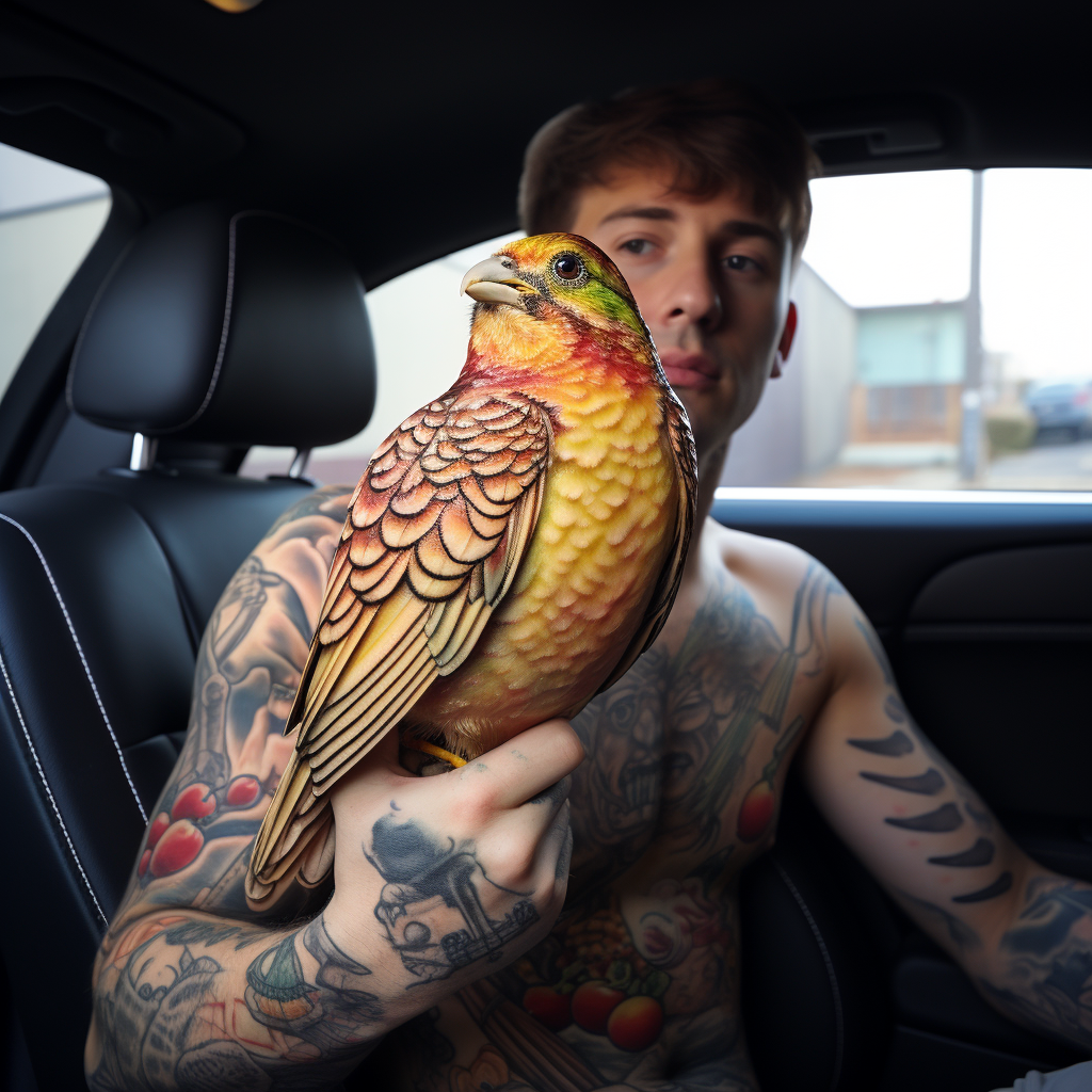 Bird Eating Pizza in Car Tattoo