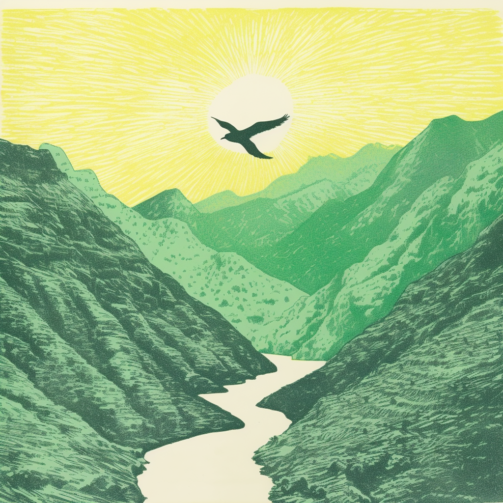 Flying bird over gorge in minimal risograph print