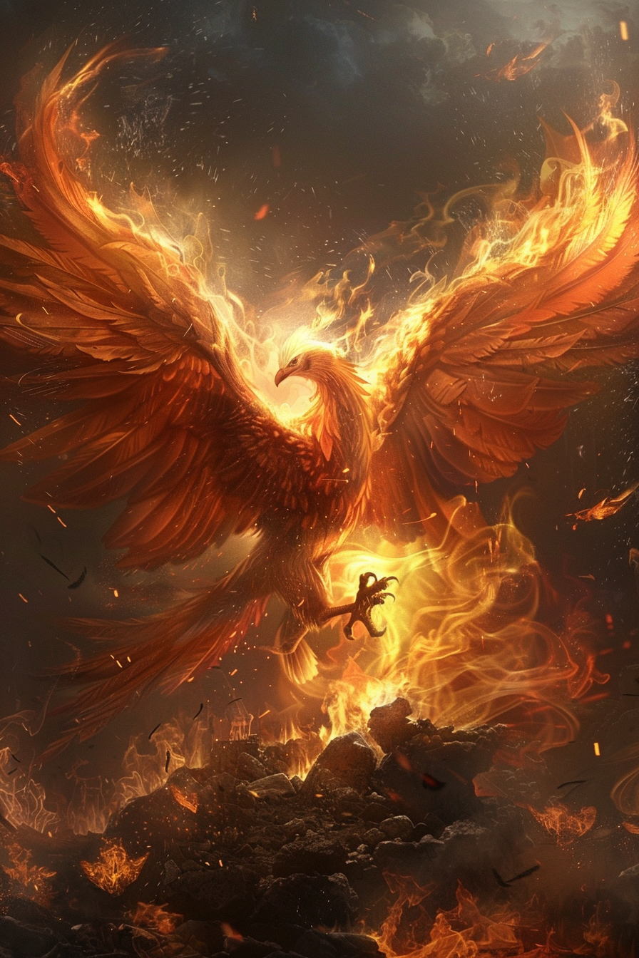 bird in flames soaring from ashes, symbolic growth -v 6.0 -ar 2:3