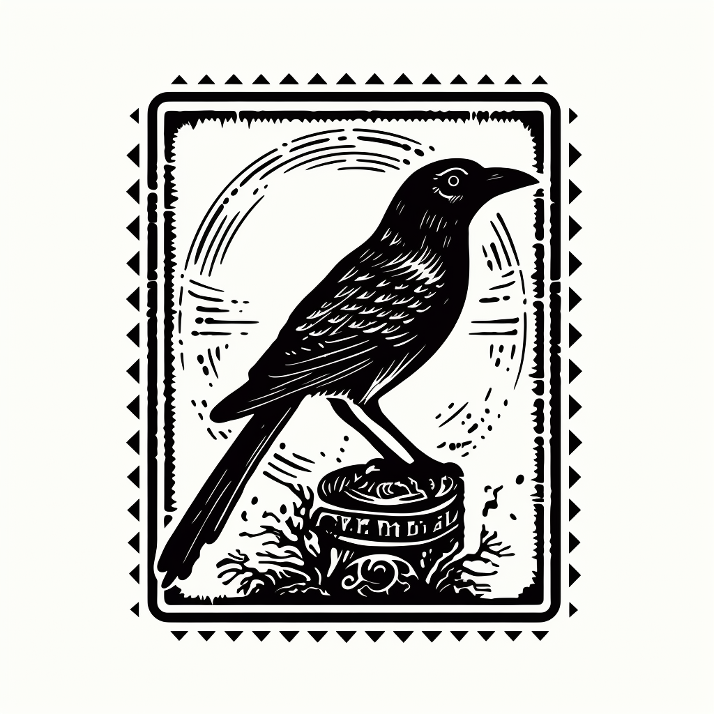 Black and white bird skeleton stamp illustration