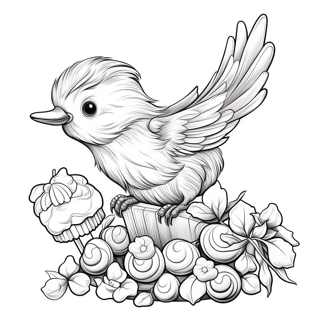 Coloring page of a bird carrying sweets and lollipops