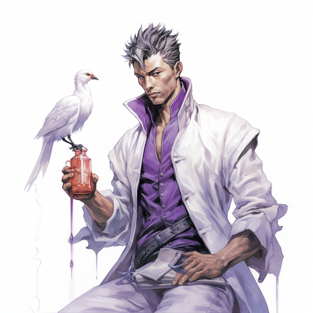 Male birdfolk doctor holding syringe of glowing purple liquid