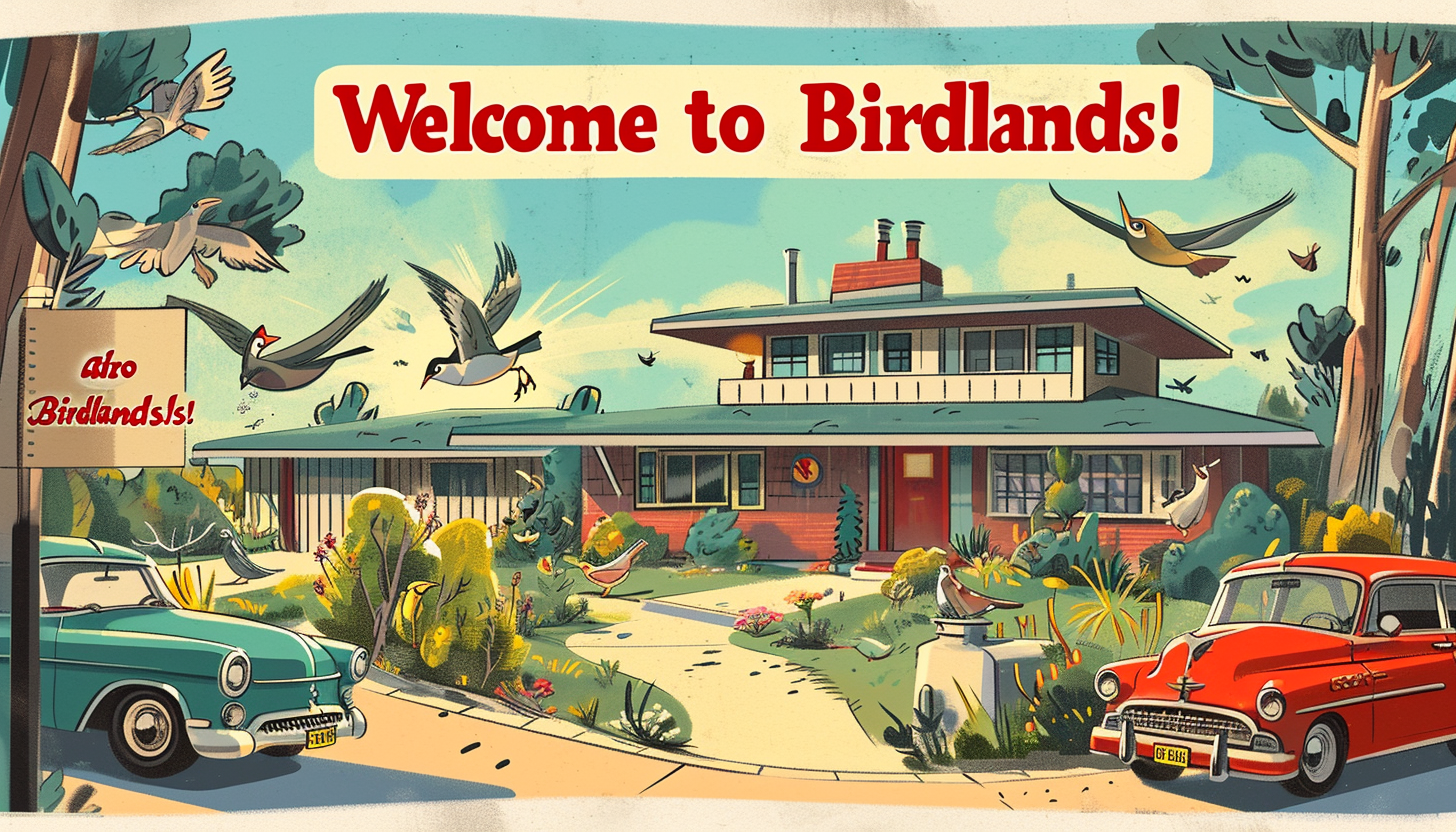 Cheerful cartoon birds in Birdlands advertisement