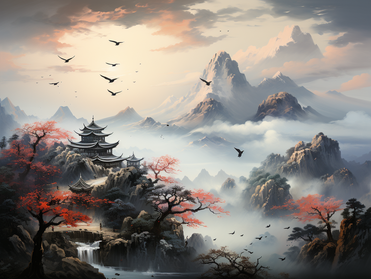 Birds Soaring Snowy Mountain Chinese Landscape Painting