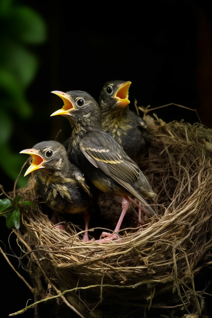 Four birds chirping in nest