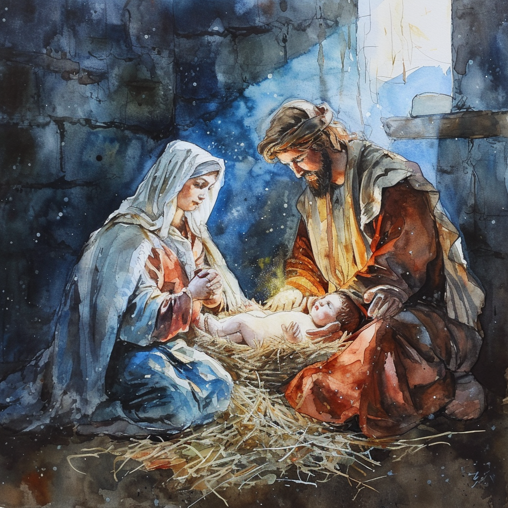 Detailed Watercolor Painting of the Birth of Jesus