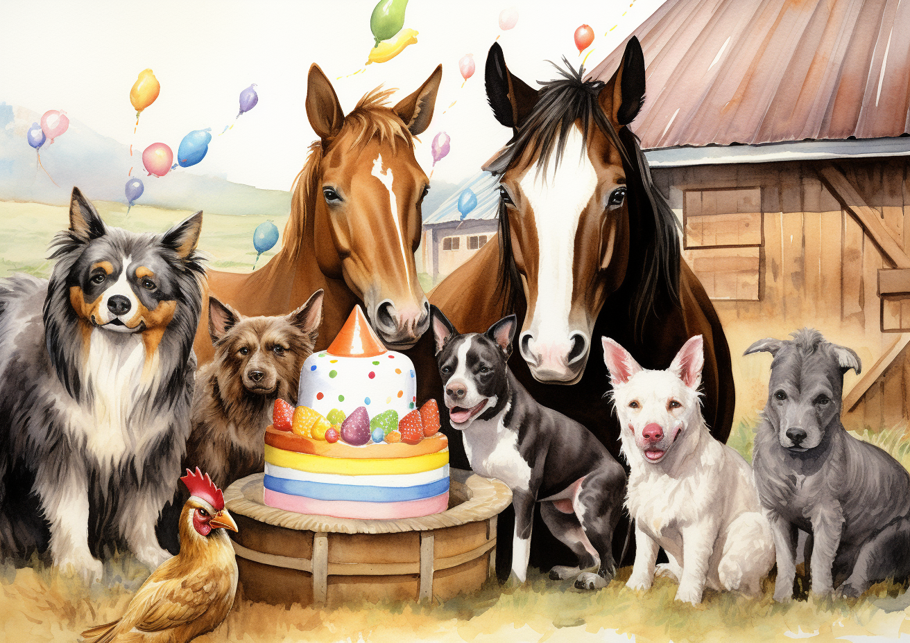 Colorful barnyard birthday scene