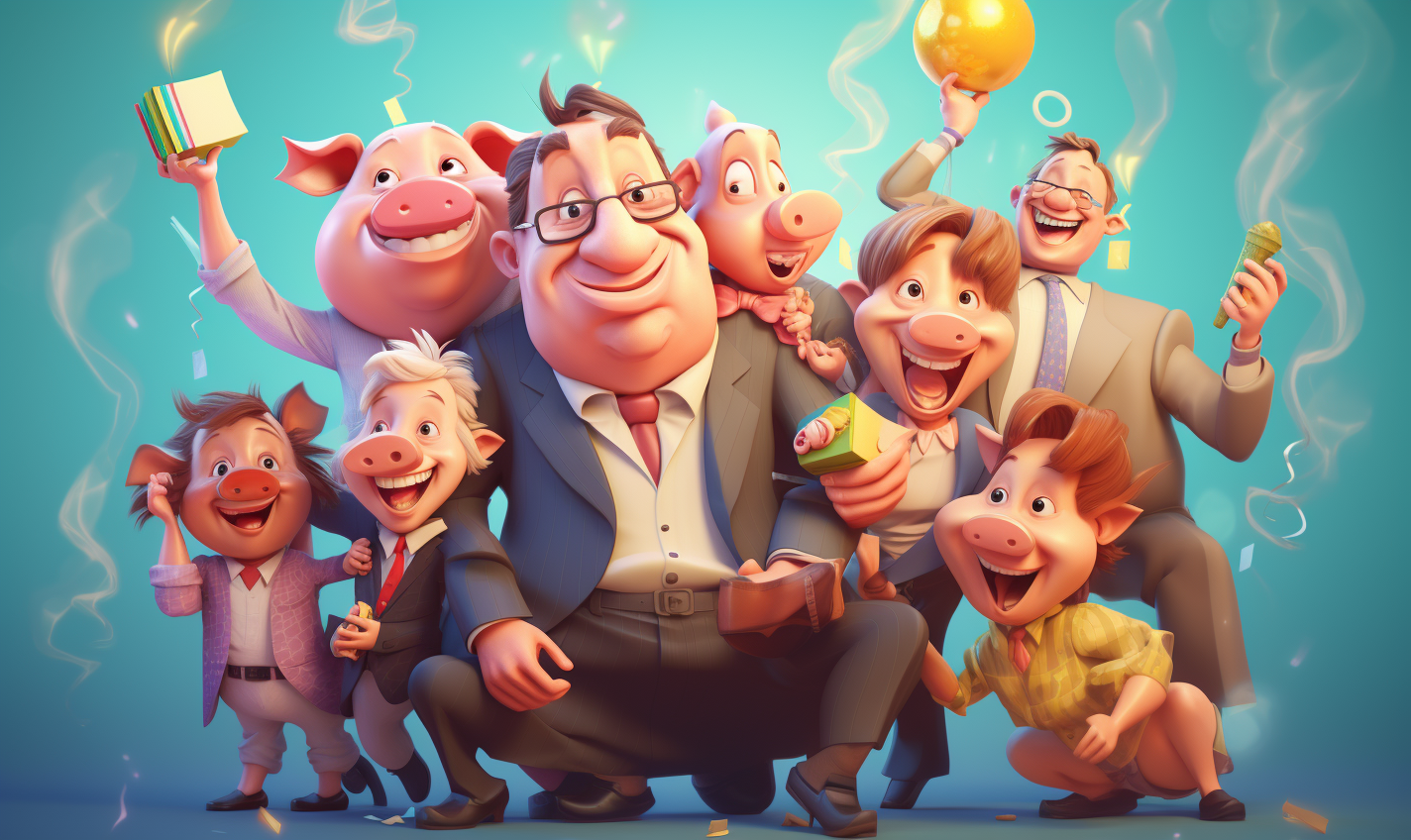 Cartoon characters celebrating fun birthday with piggy bank