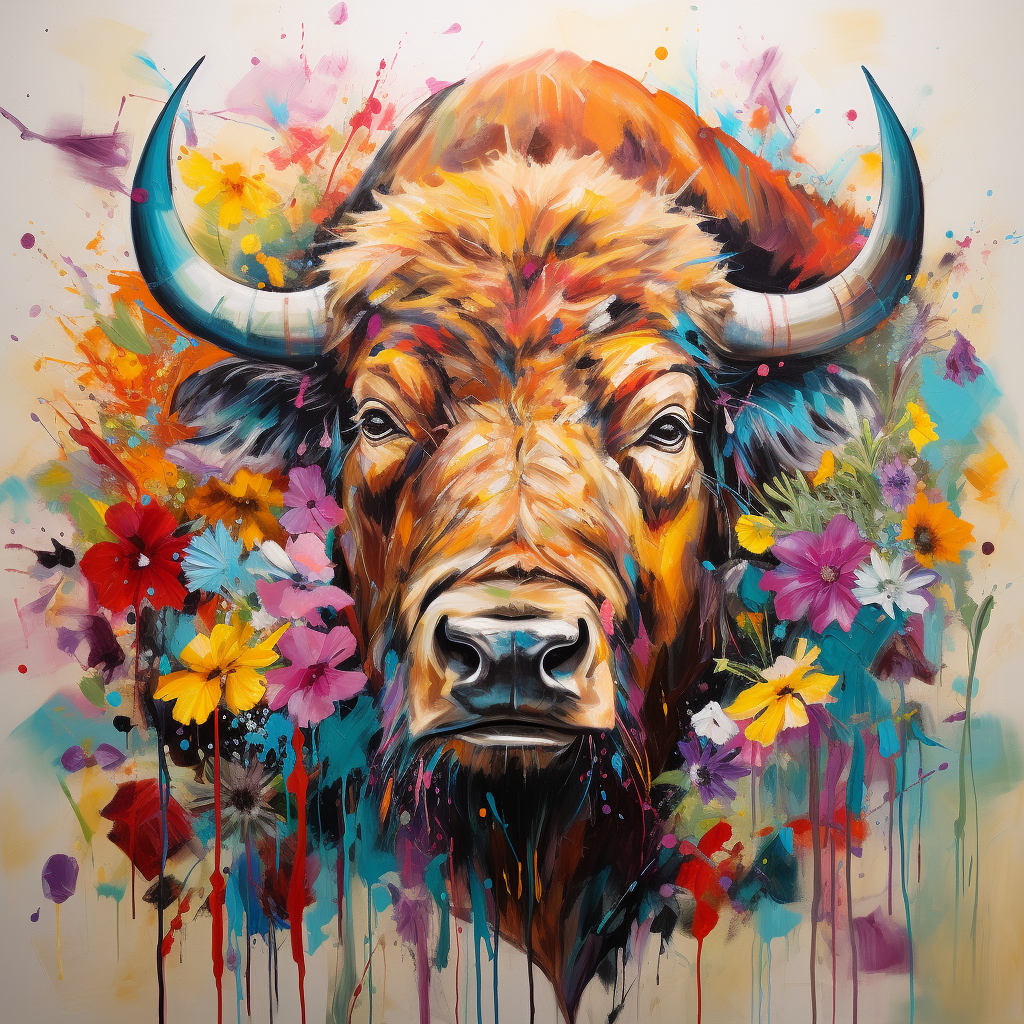 Bison with Colorful Flowers Painting