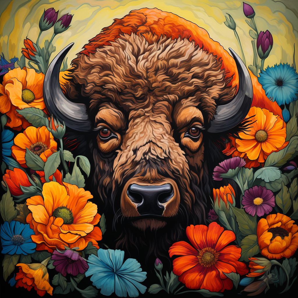 Bison with Colorful Flowers