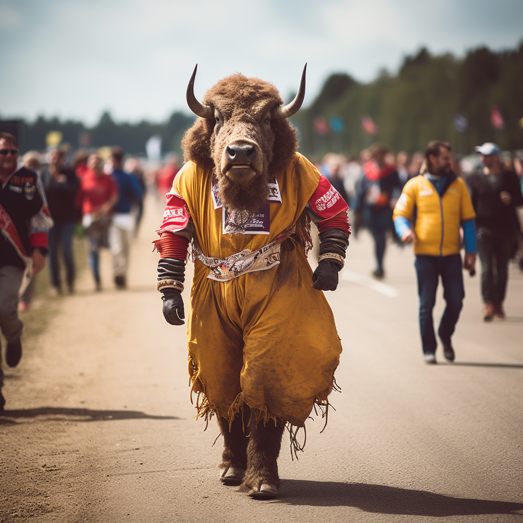 Bison dressed as racecar drivers