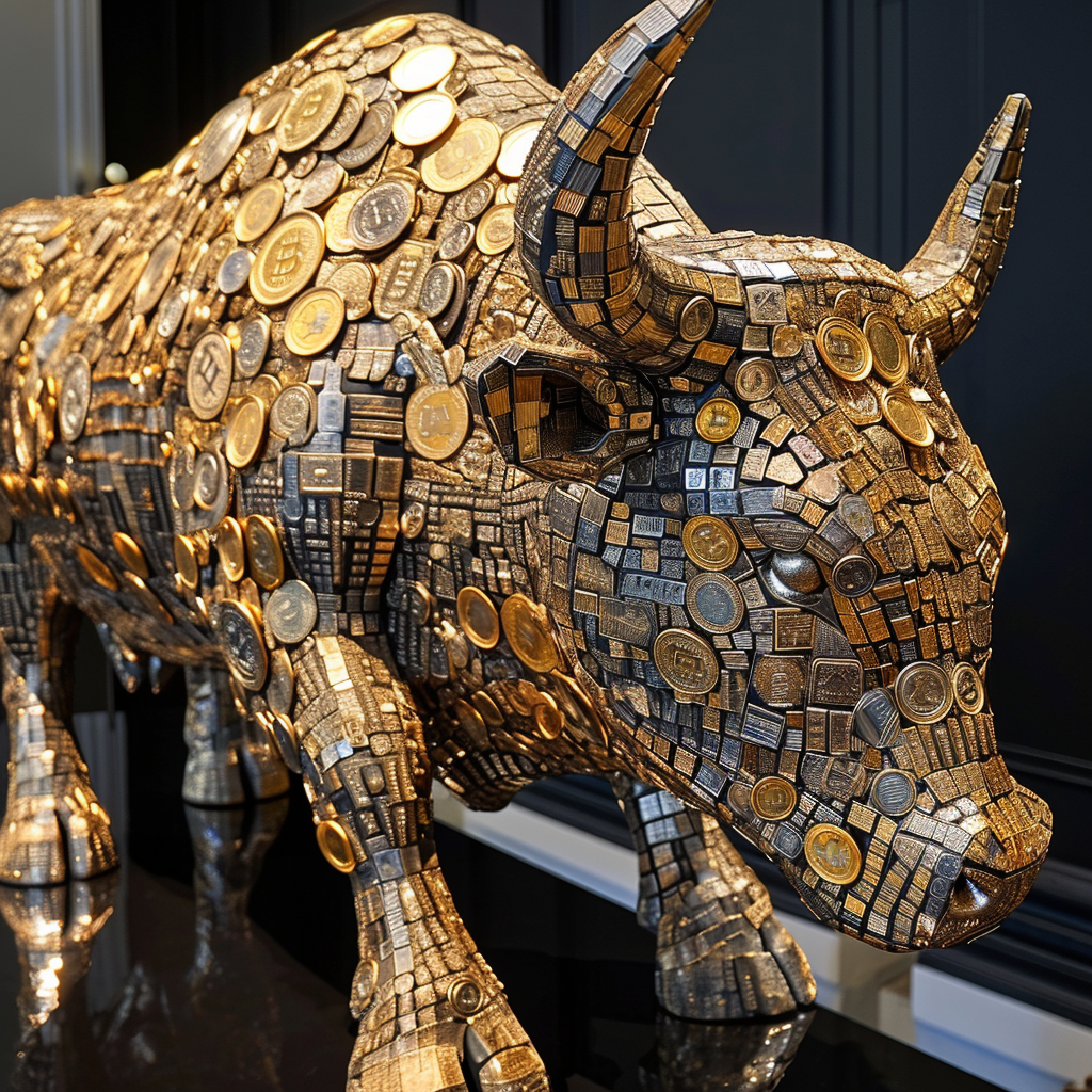 Bitcoin bull statue made of bitcoin coins