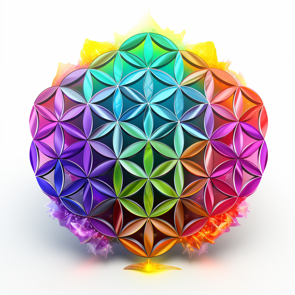 Rainbow-colored Bitcoin Flower of Life logo