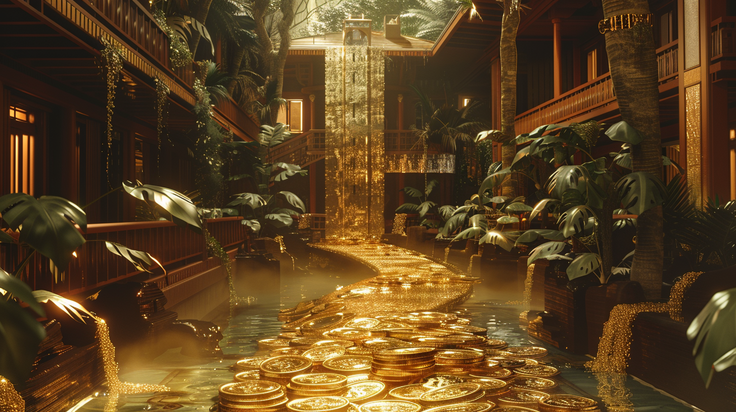 bitcoin on golden walkway in rainforest