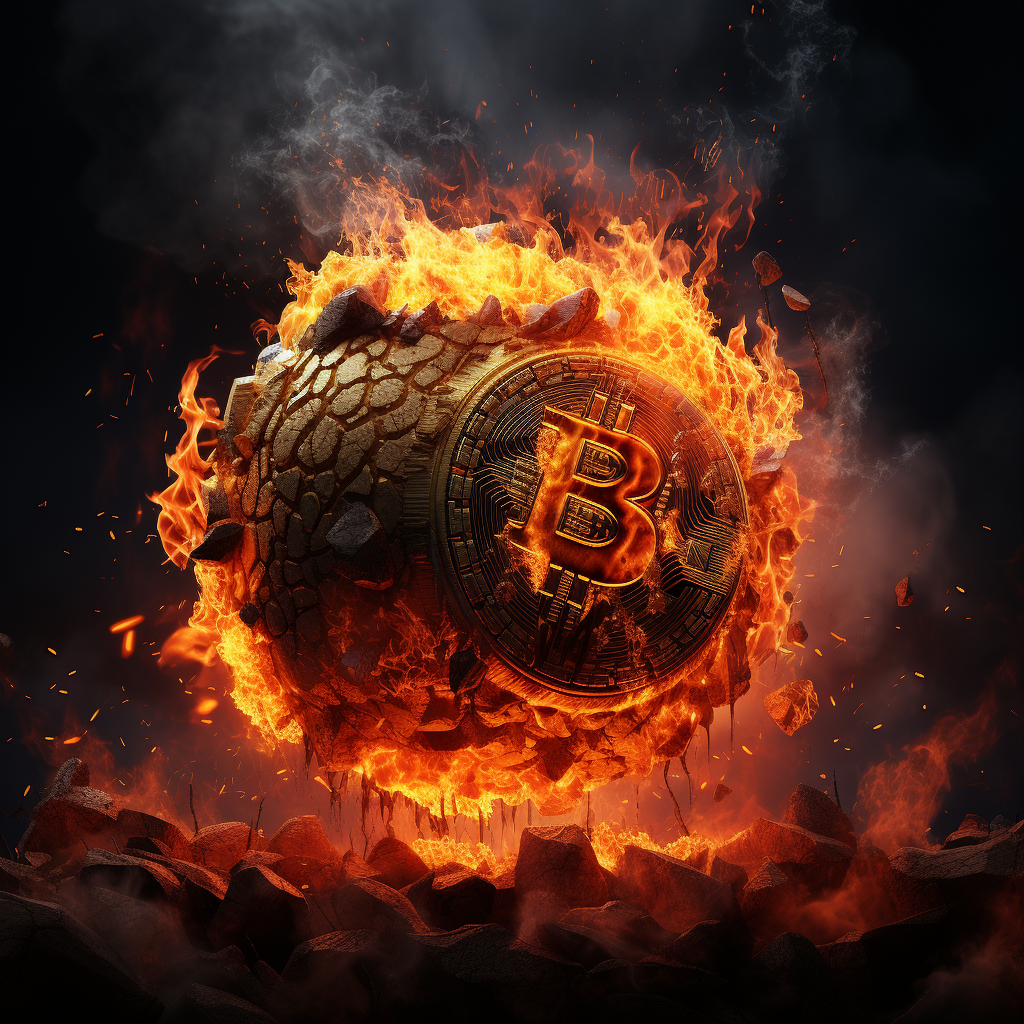 Bitcoin logo on fiery lava background