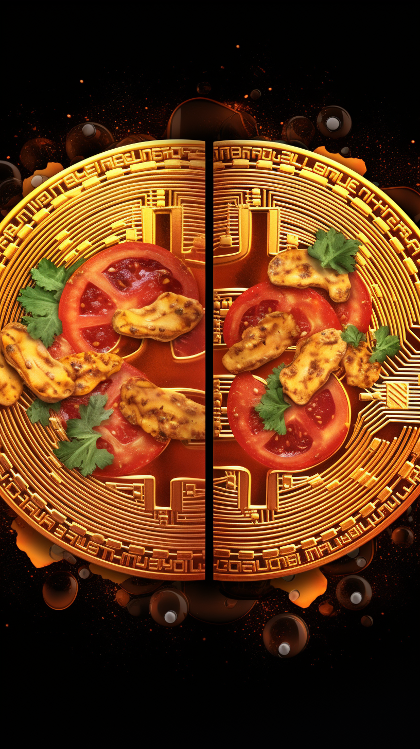 Digital art of two pizzas with Bitcoin symbol