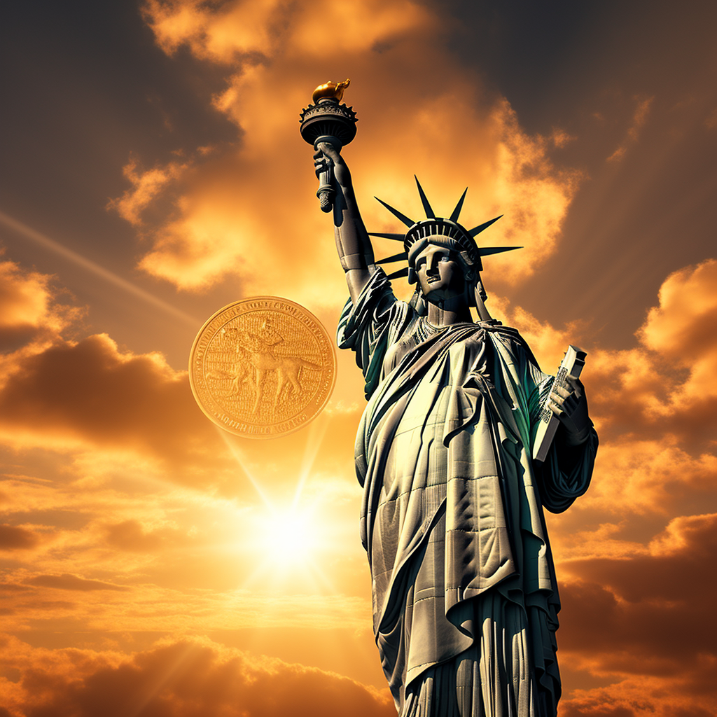 Golden Statue of Liberty with Bitcoin Logo