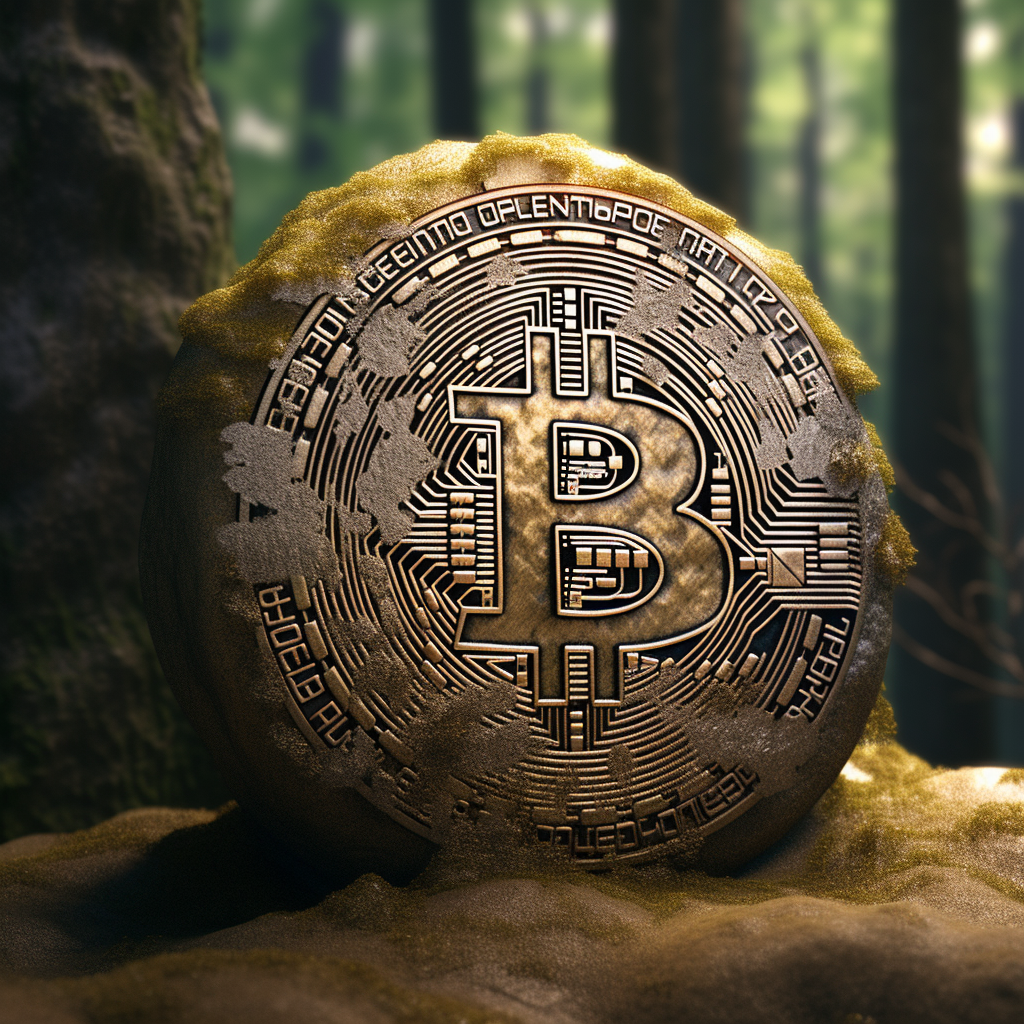 Bitcoin in stone in forest