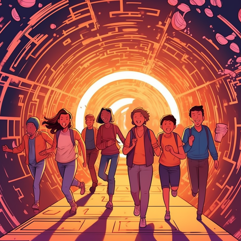 Group of happy teenagers entering a Bitcoin tunnel