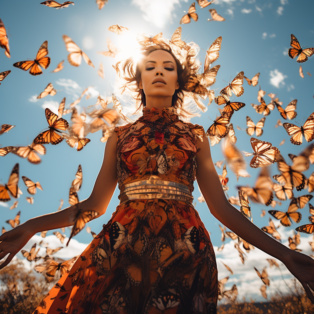 Woman in field surrounded by butterflies