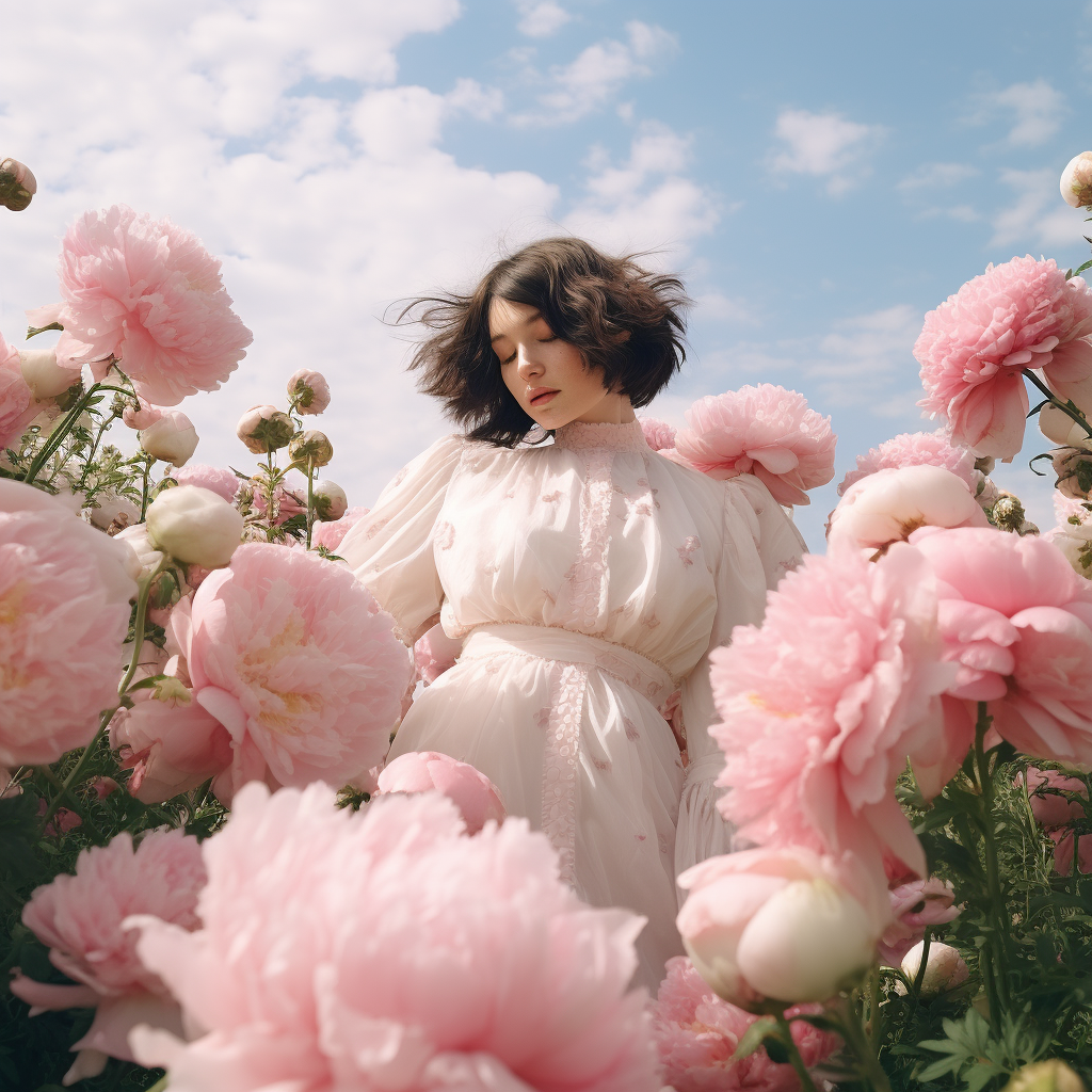 Woman standing in field surrounded by pink and white peonies