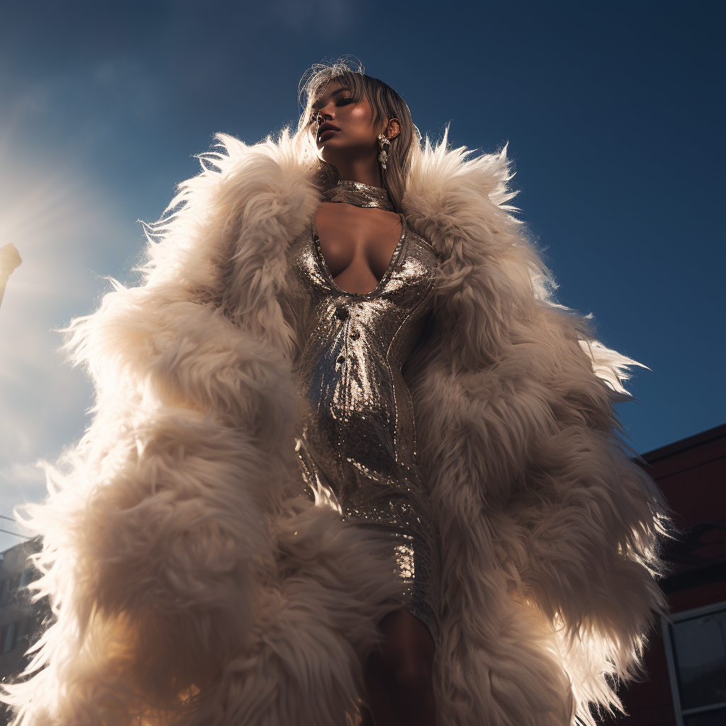 Woman in oversized fur coat with dramatic lighting