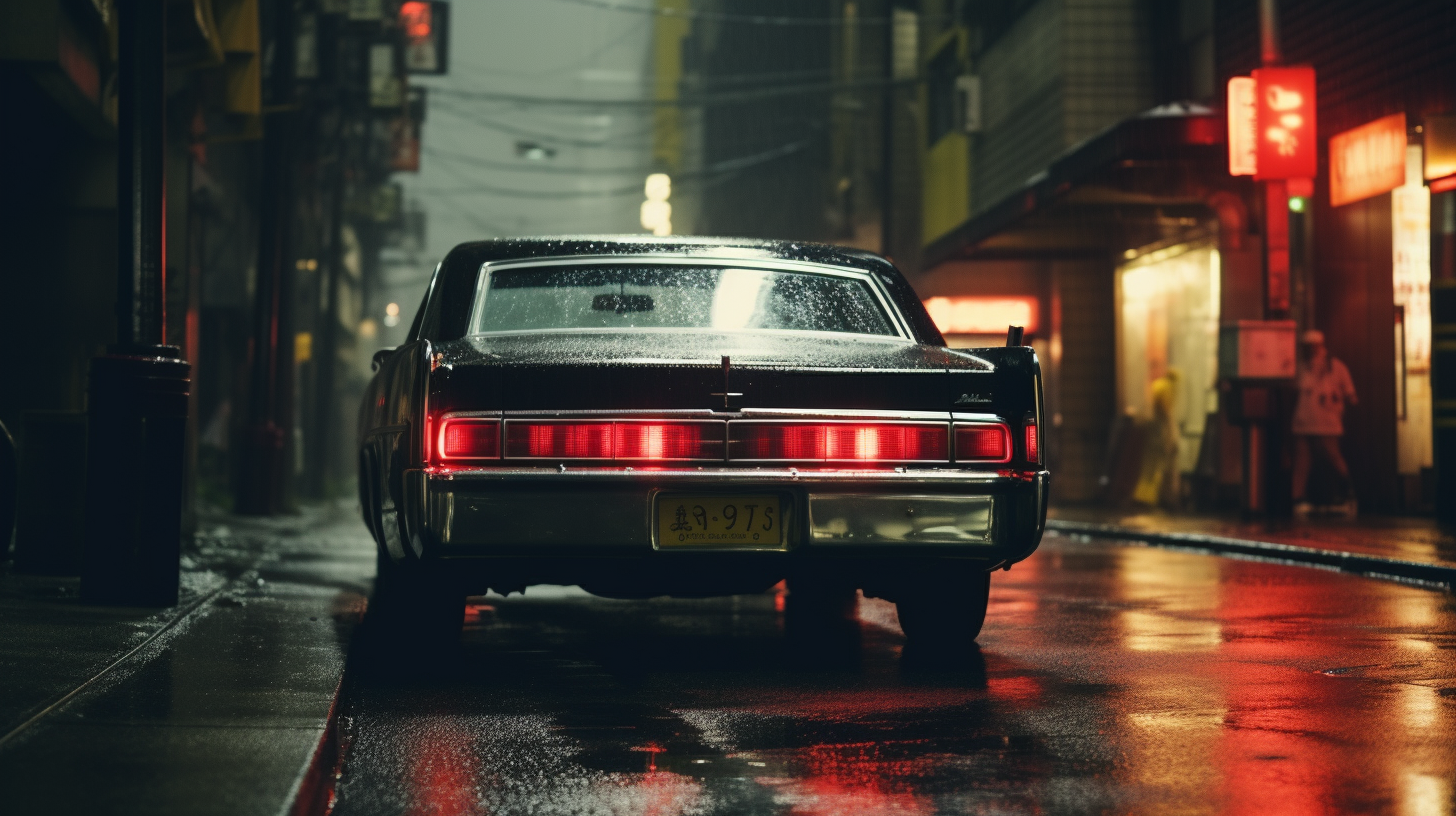 Black 1964 Lincoln Continental in Tokyo Rain