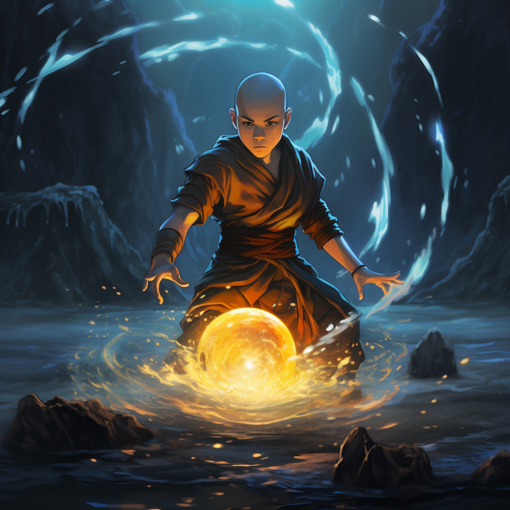 Black Aang bending water with glowing eyes