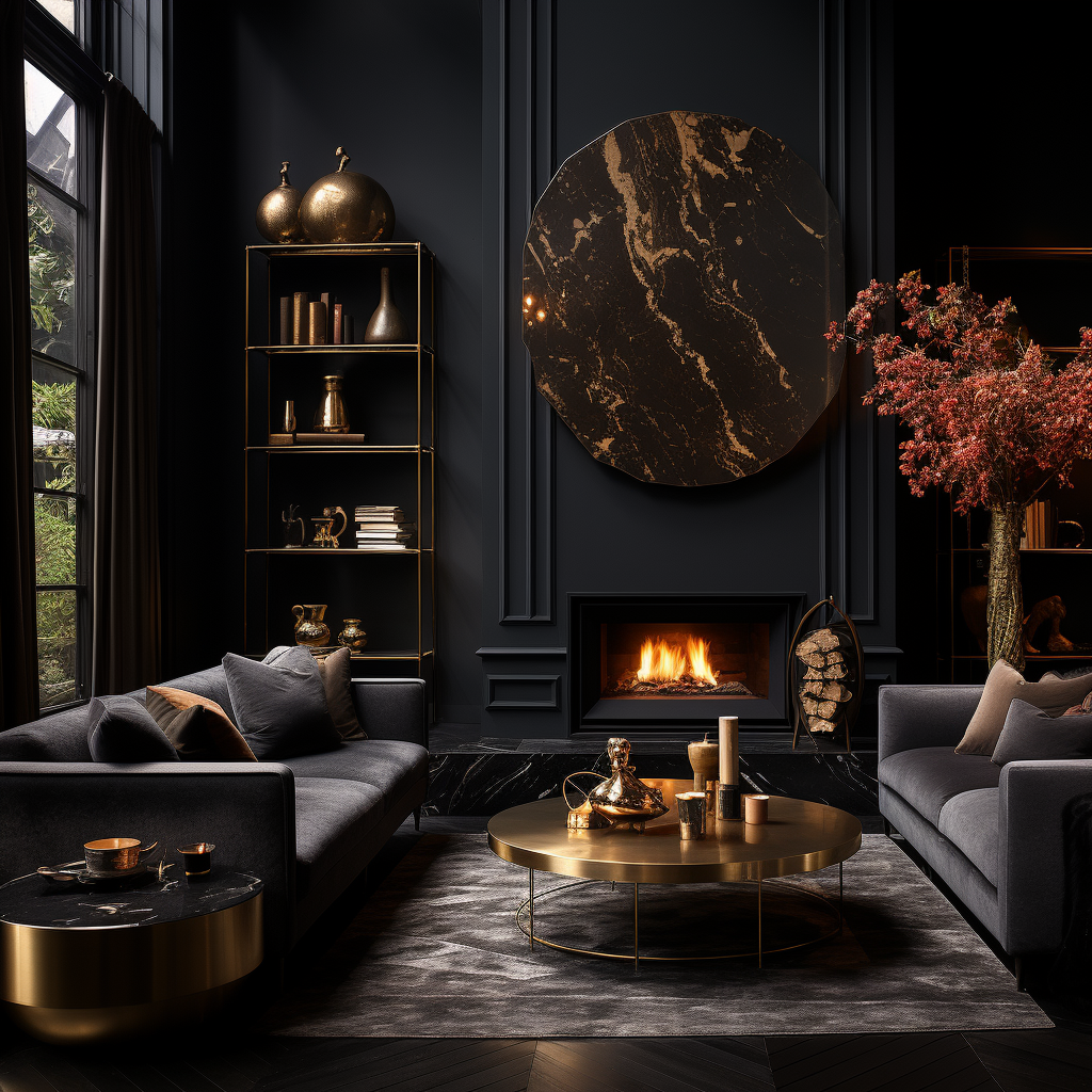 Black Accent Wall with Fireplace and Gold Curtains