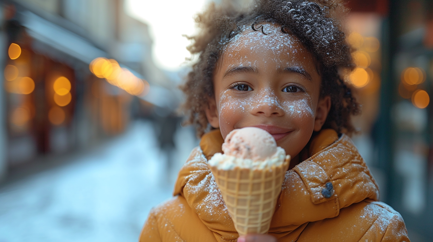 Cute boy eating gelato outside