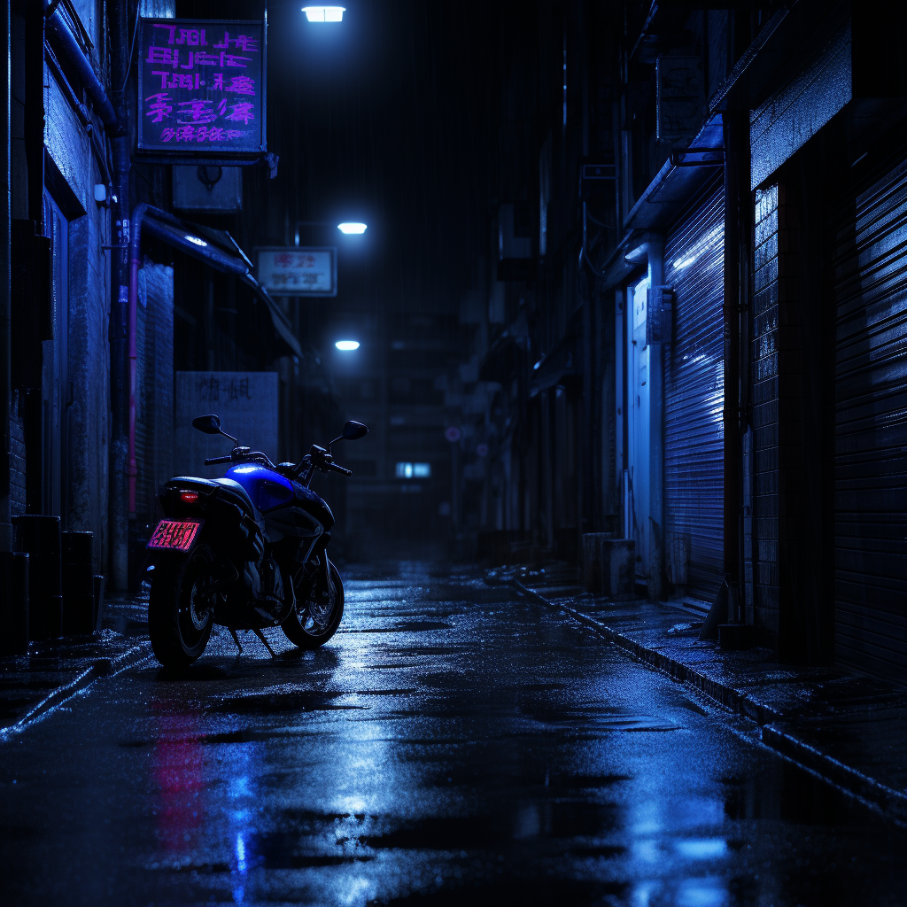 Motorcycle in Rainy Black Alley