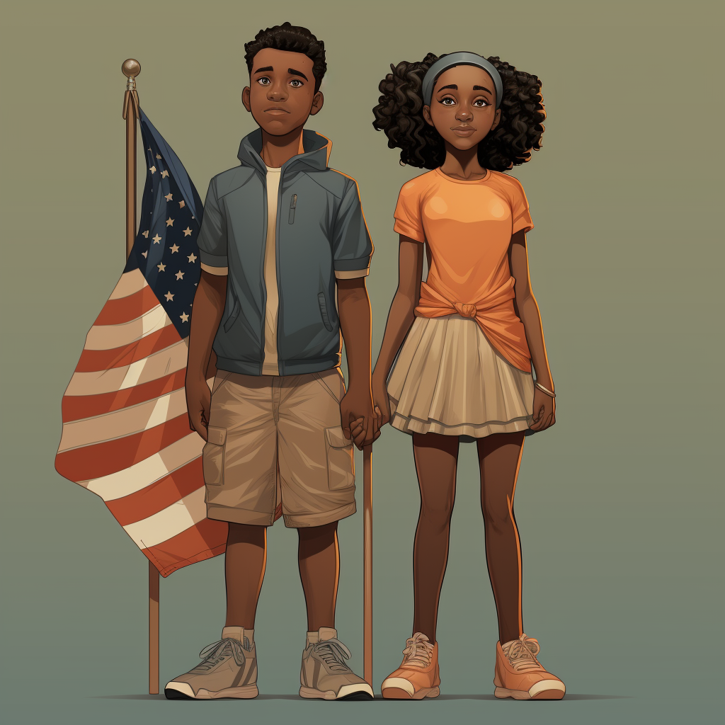 Black American young boy and girl with flag