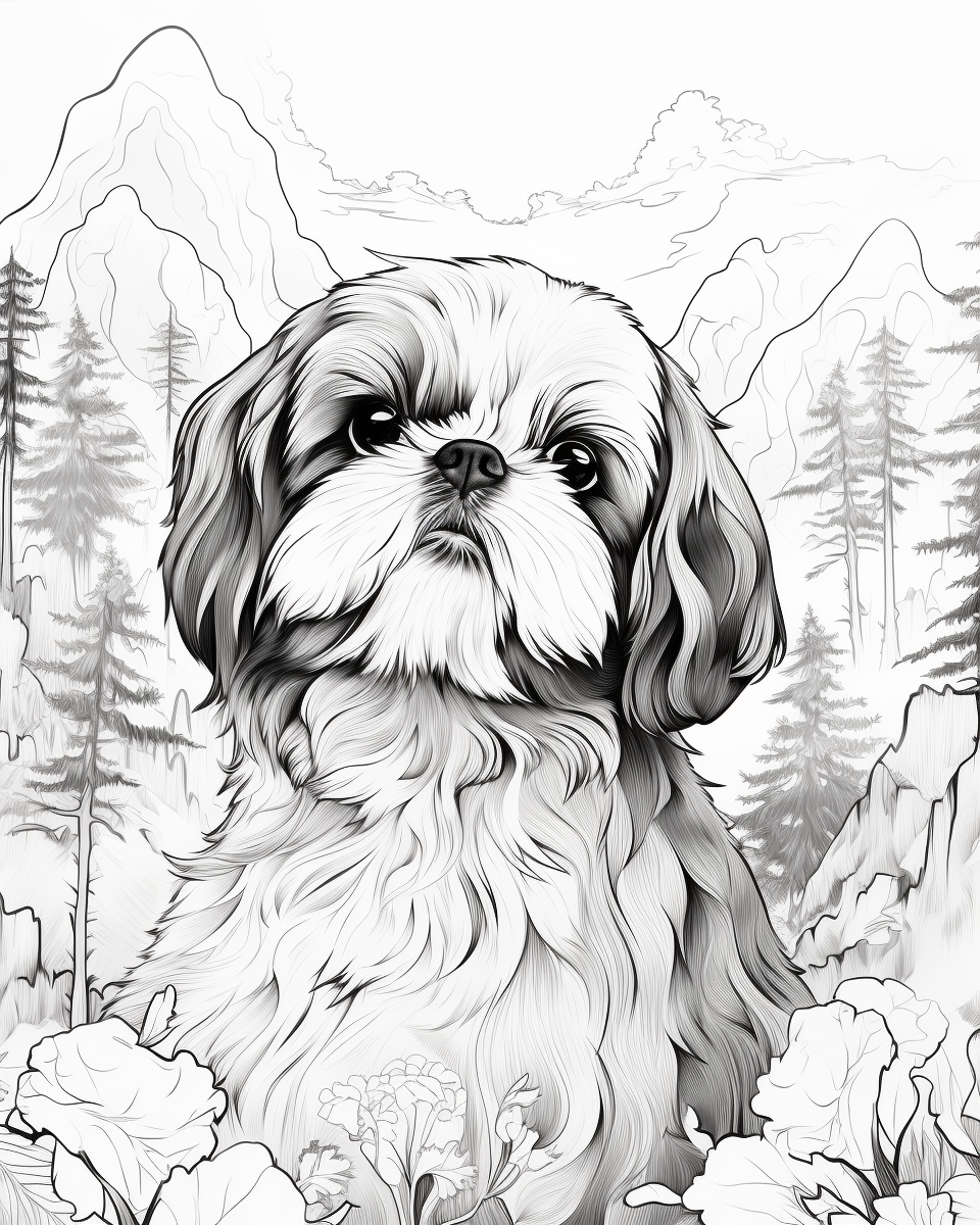 Black and White Shih Tzu with Forest Background