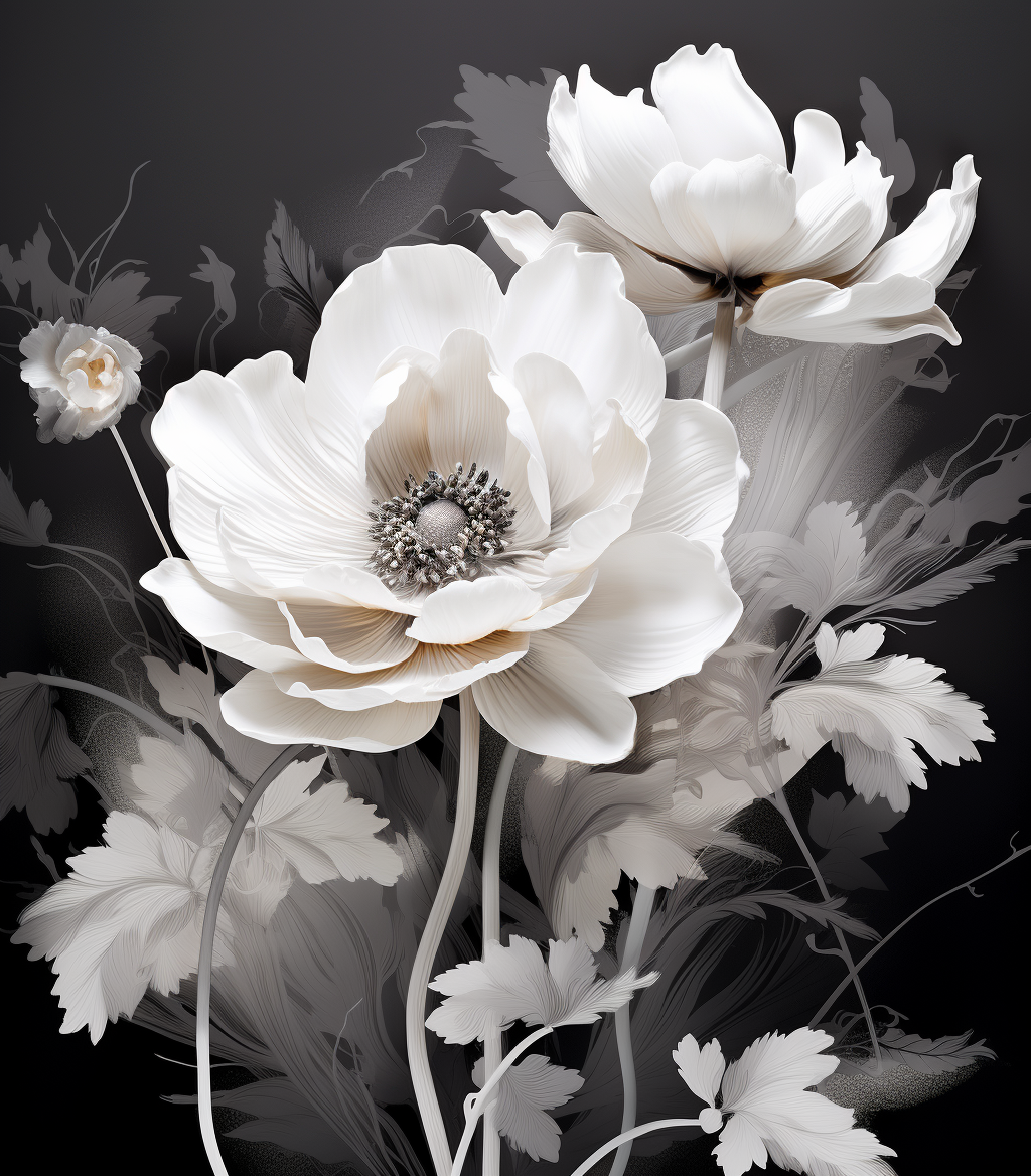 Black and white flowers on a black background