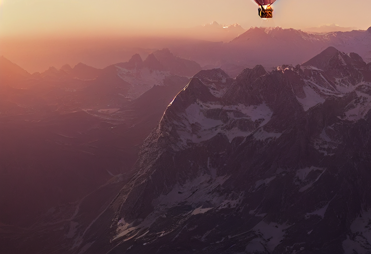 Hot air balloon flying over the Alps at sunrise