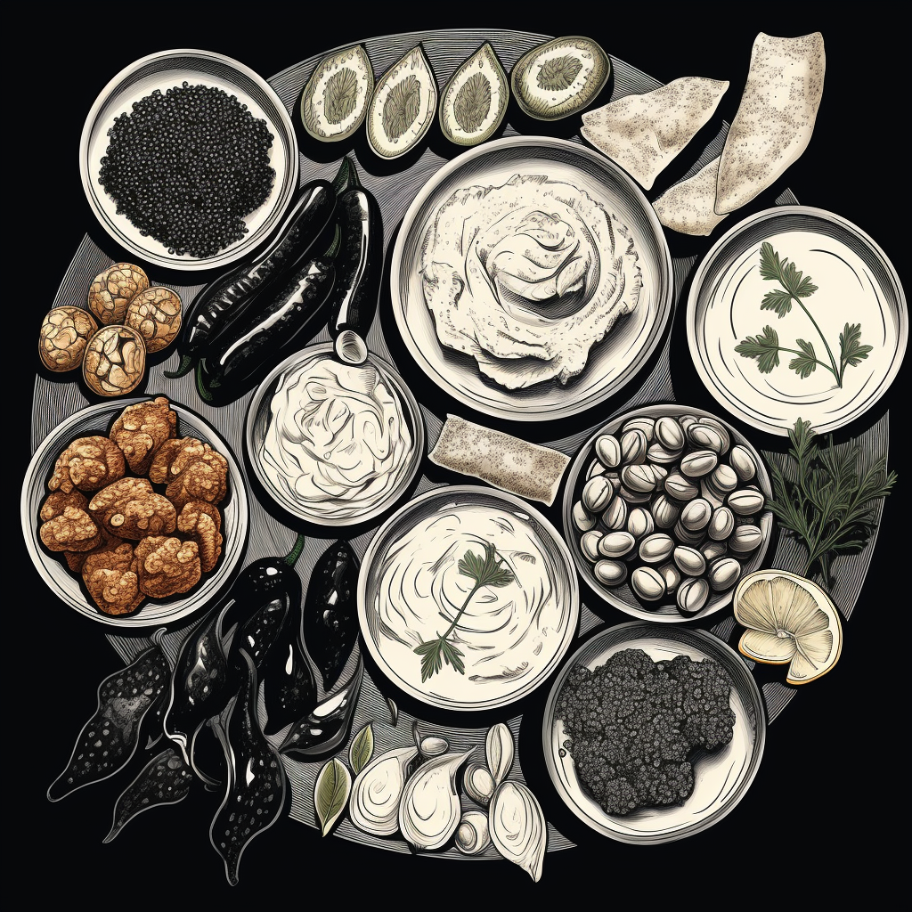 Vintage black and white mezze spread drawing