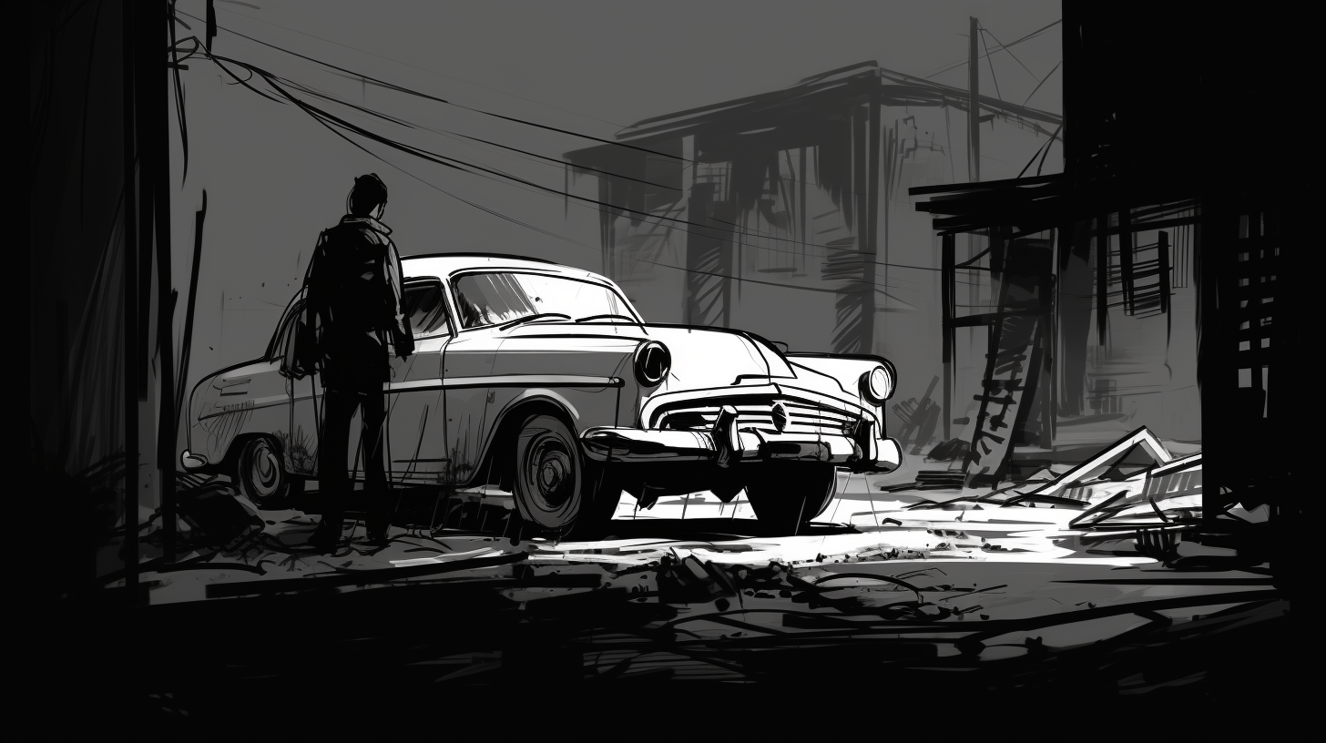 Simplified black and white car workshop sketch