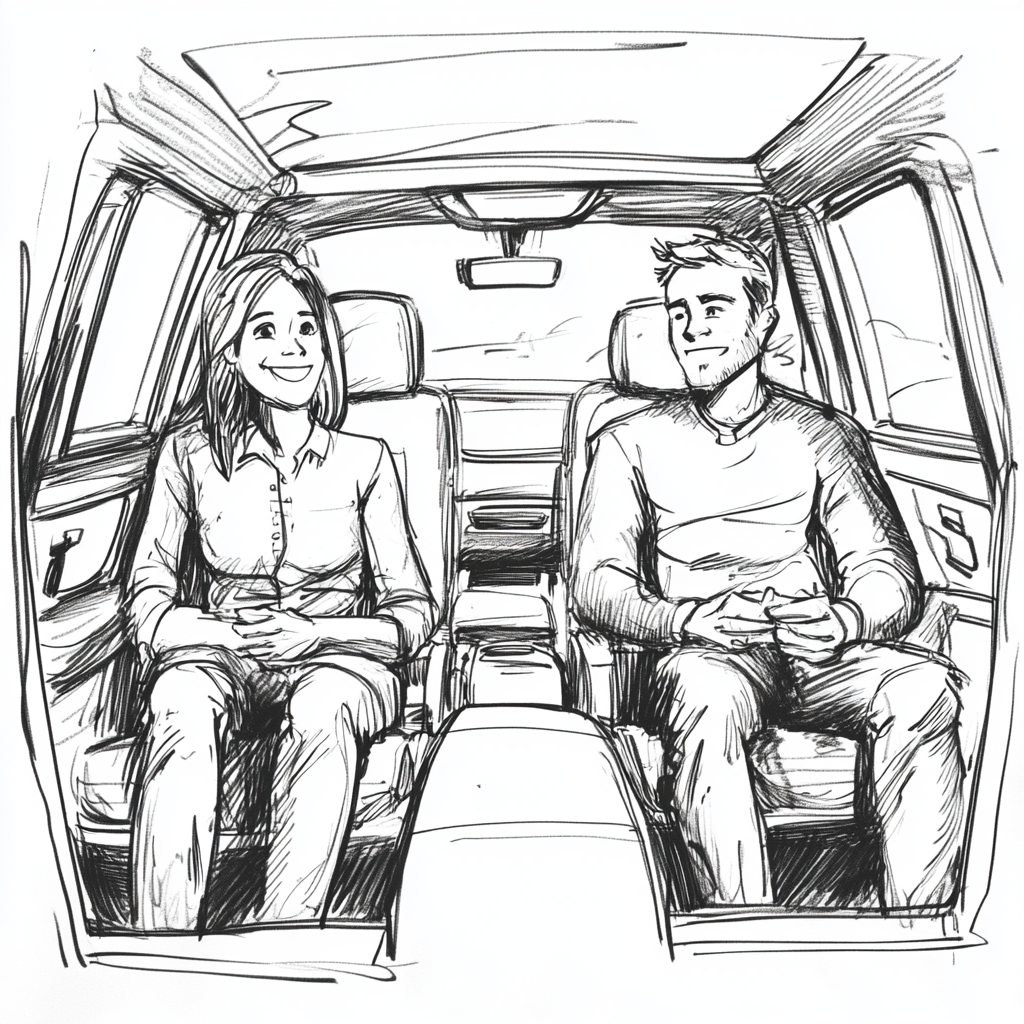 black and white sketch of man and woman smiling.