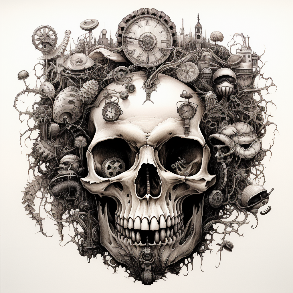 Steampunk Mushrooms Skull Drawing