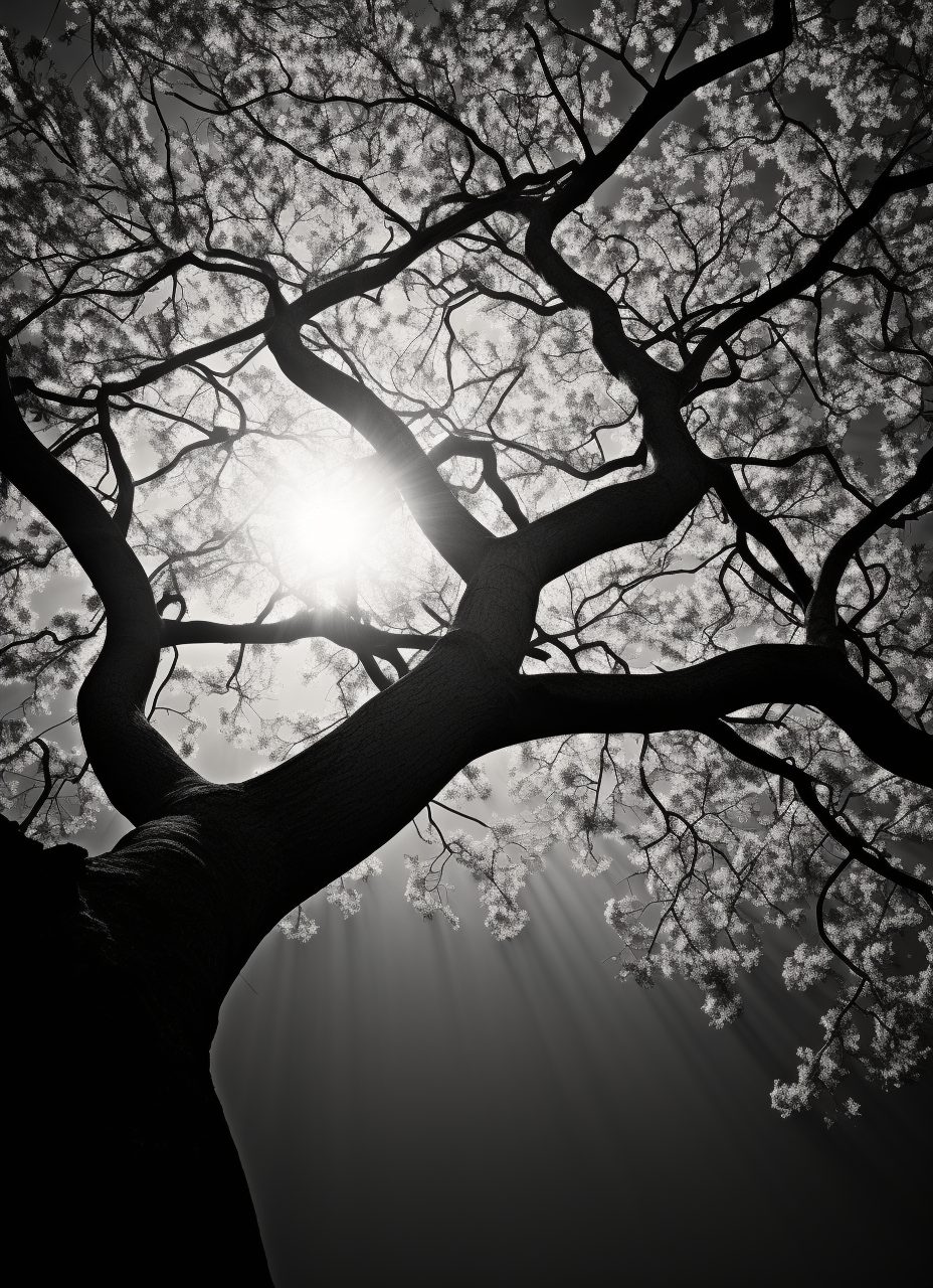 Black and white tree with detailed leaves