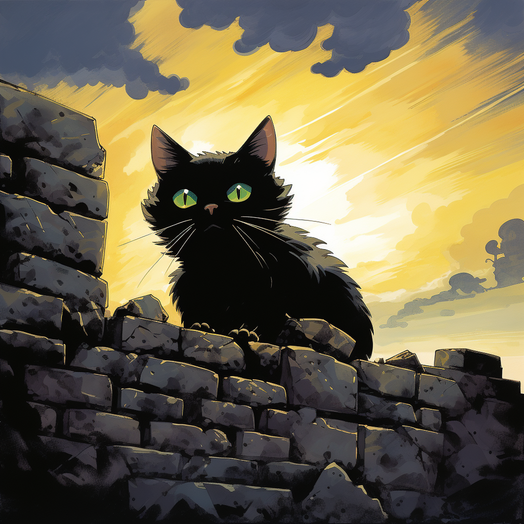 Black anime cat with yellow-green eyes on wall