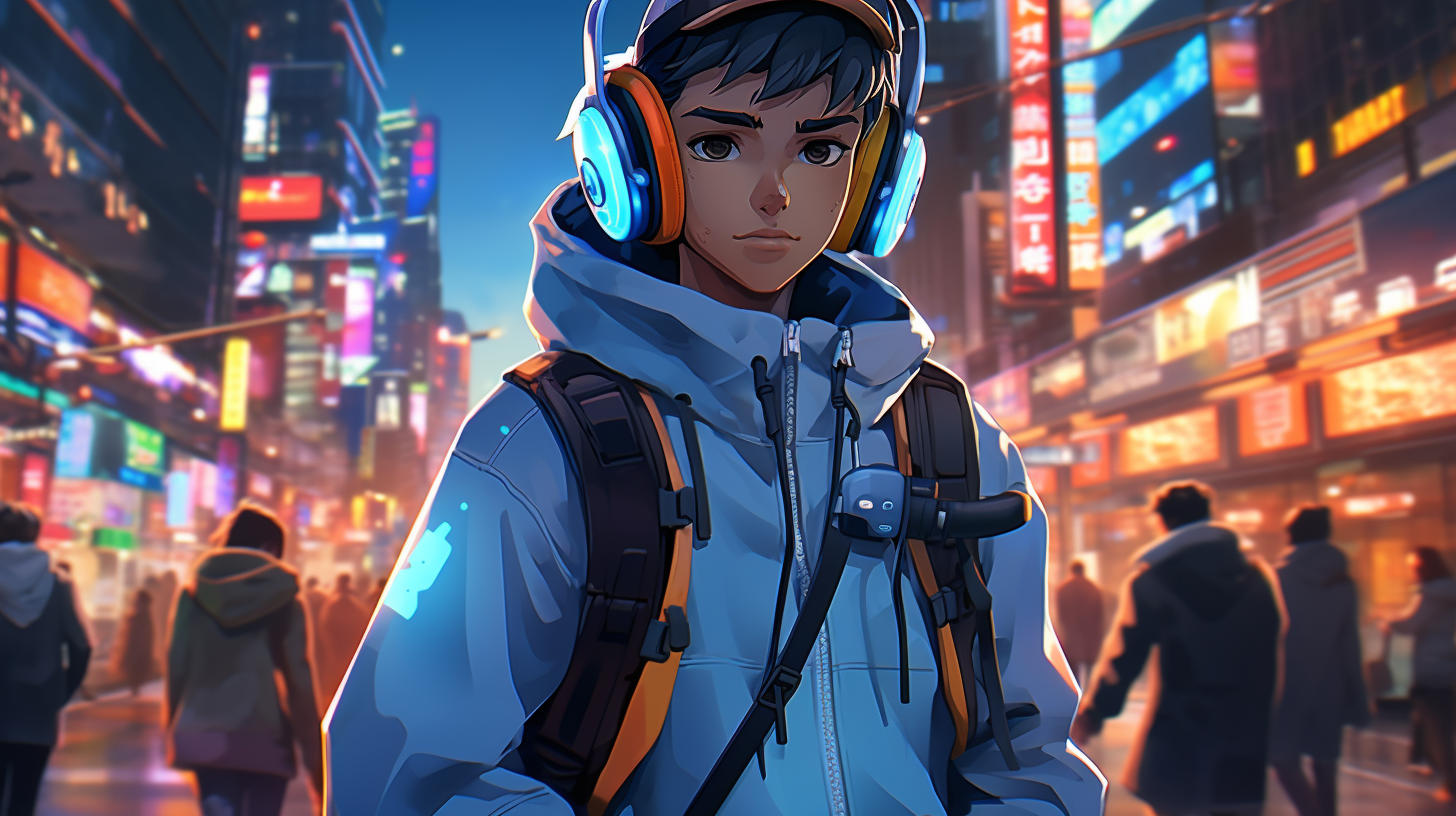 Black Asian Anime Character with Bag in Neon City