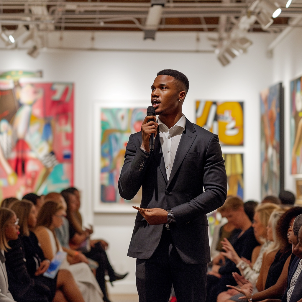 Black auctioneer in vibrant art gallery