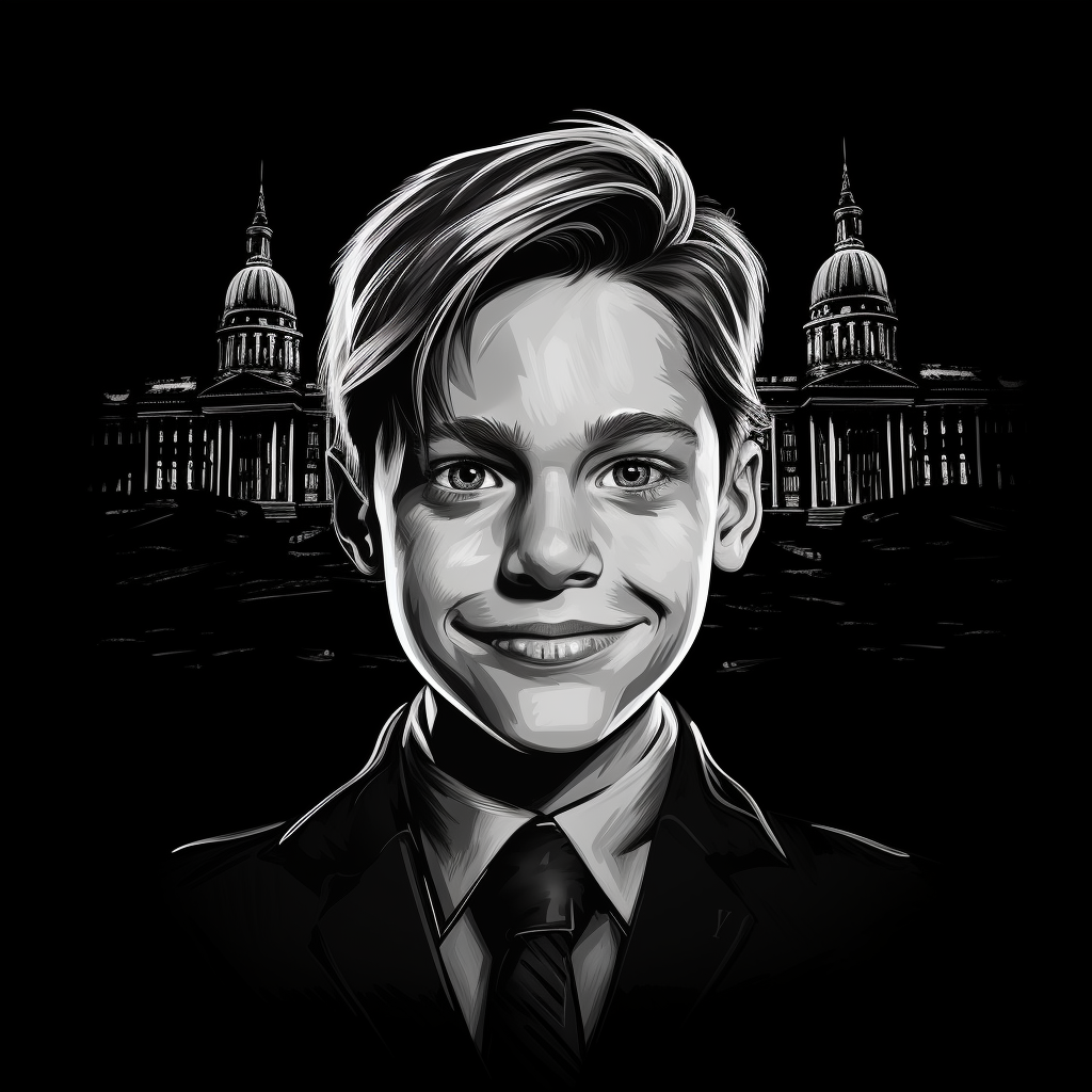 Young boy with evil smile imagining as corrupt politician