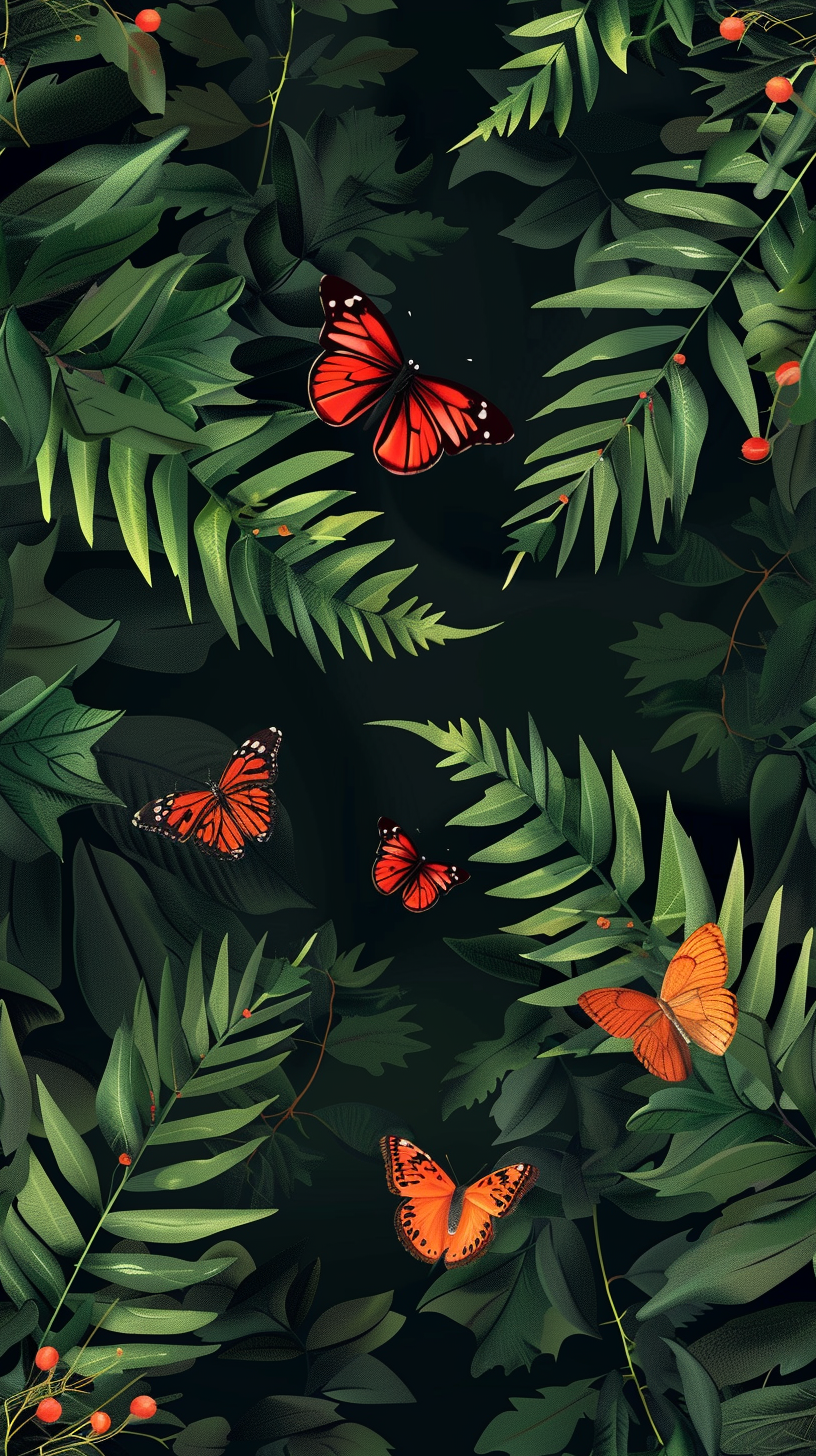 Floral Fern Butterflies Black Background