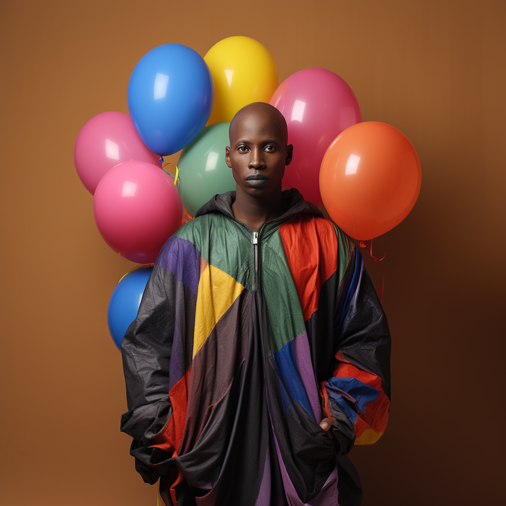 Black bald man with painted face holding balloon