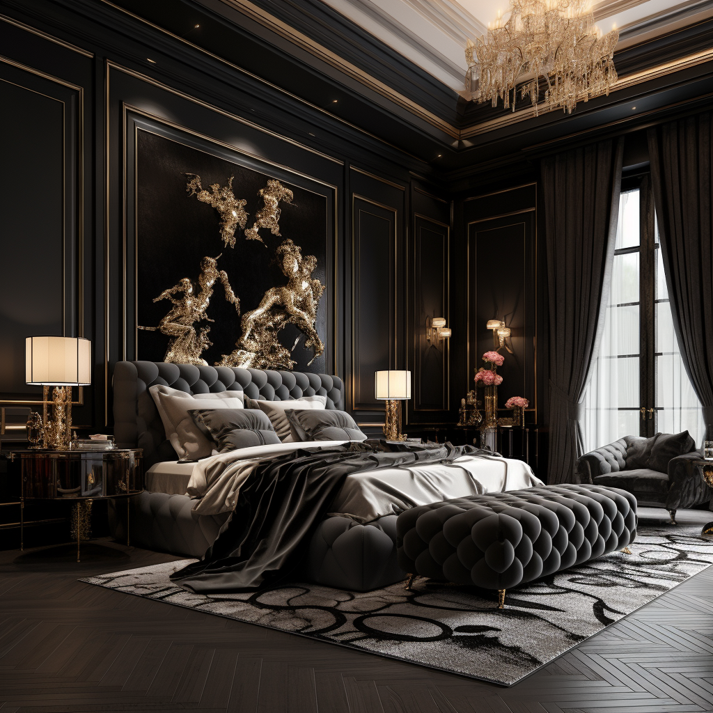 Elegant black bedroom with silk and satin elements