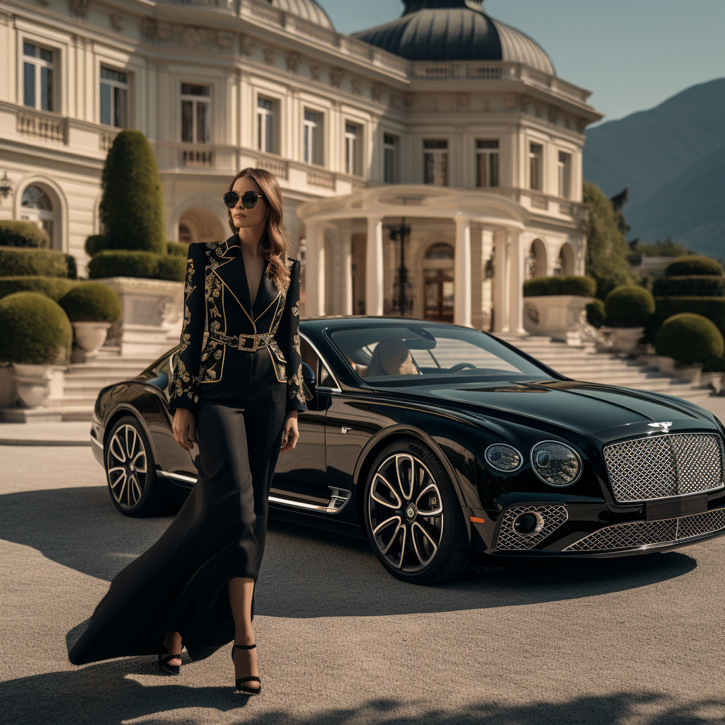 Black Bentley parked at a luxurious villa