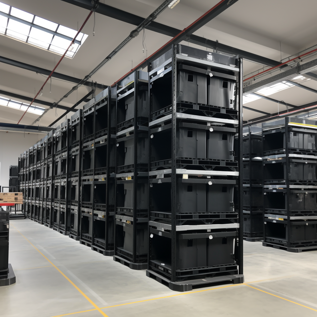 Black bins on warehouse shelves